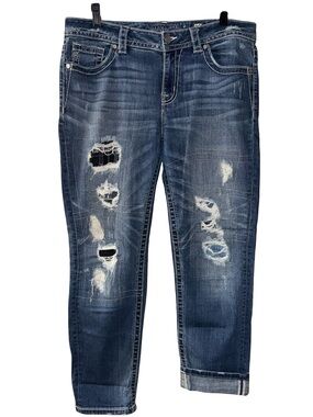Miss Me Torn Contrast Destoyed Patch Boyfriend Ankle Jeans JB5151A329 Sz 28